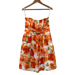 David’s Bridal Strapless Mini Dress Floral Orange Cream Green Size 12